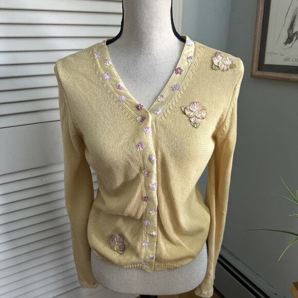 Vintage BIBELOT Sweater Womens Large Yellow Cardigan Floral Retro Dainty Cottage - Picture 1 of 8